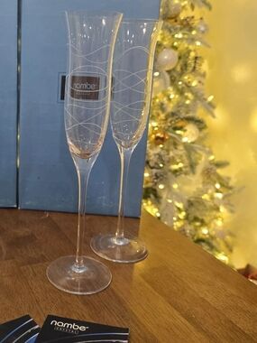 Nambe Crystal Motus 11" Etched Toasting Flute Pair with Original Boxes Tag